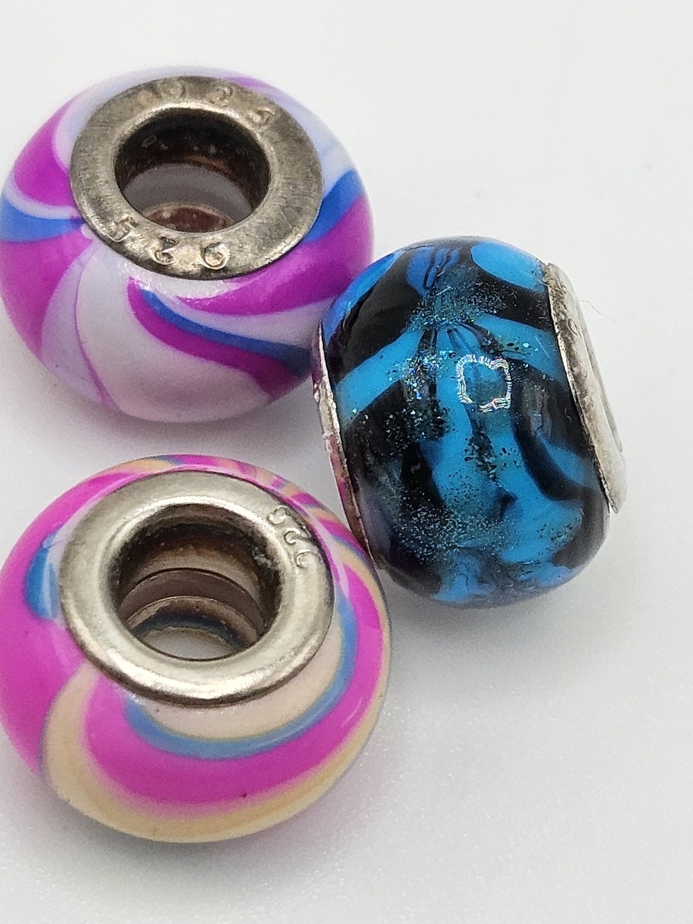 Sterling Silver 925 Murano Style Glass Blue and Pink Swirl Slide Charm Bead Lot